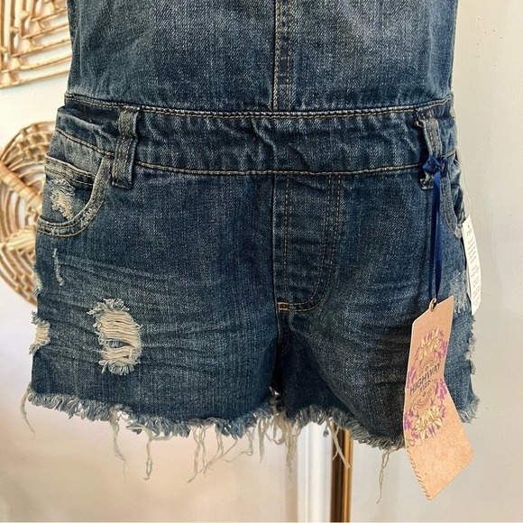 NWT Hwy Jeans Distressed Denim Overall Shorts Romper Y2K Vintage Style Size L - Picture 5 of 10